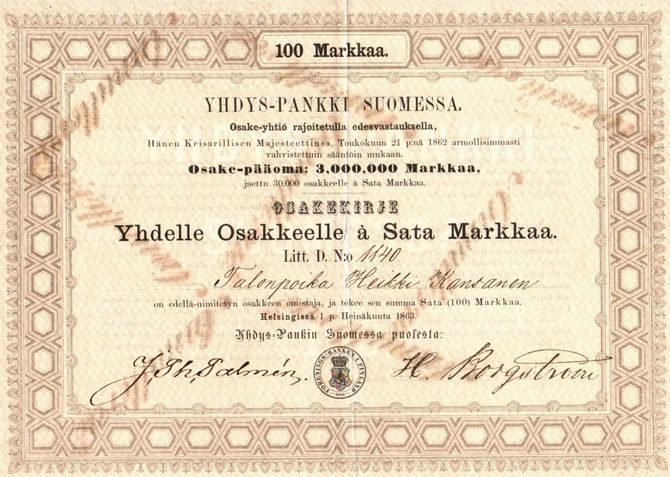 Yhdys-Pankki Suomessa vuodelta 1863