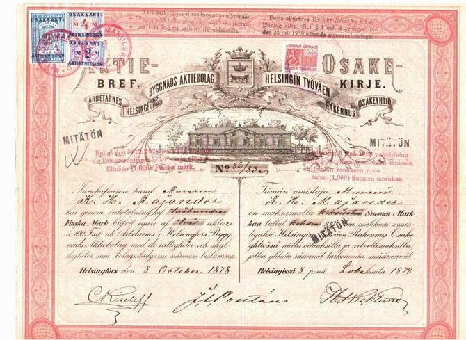 Helsingin Työväen Rakennus Osakeyhtiö vuodelta 1878