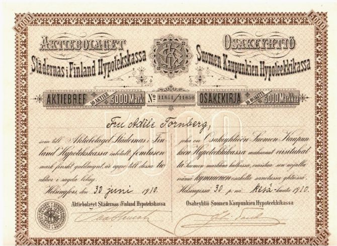 Suomen Kaupunkien Hypoteekkikassa vuodelta 1910