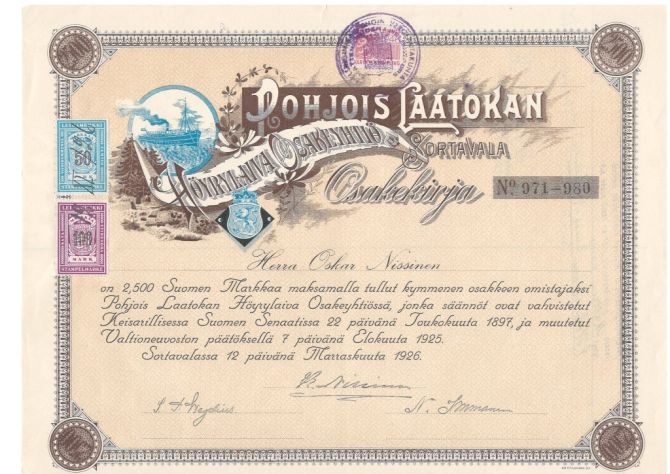 Pohjois Laatokan Höyrylaiva Oy vuodelta 1926